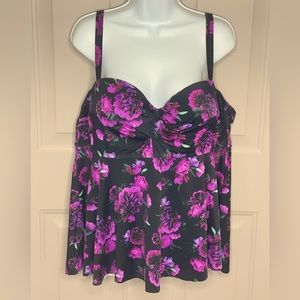 Torrid Sz 3R Tankini Underwire Black w/Purple Flowers